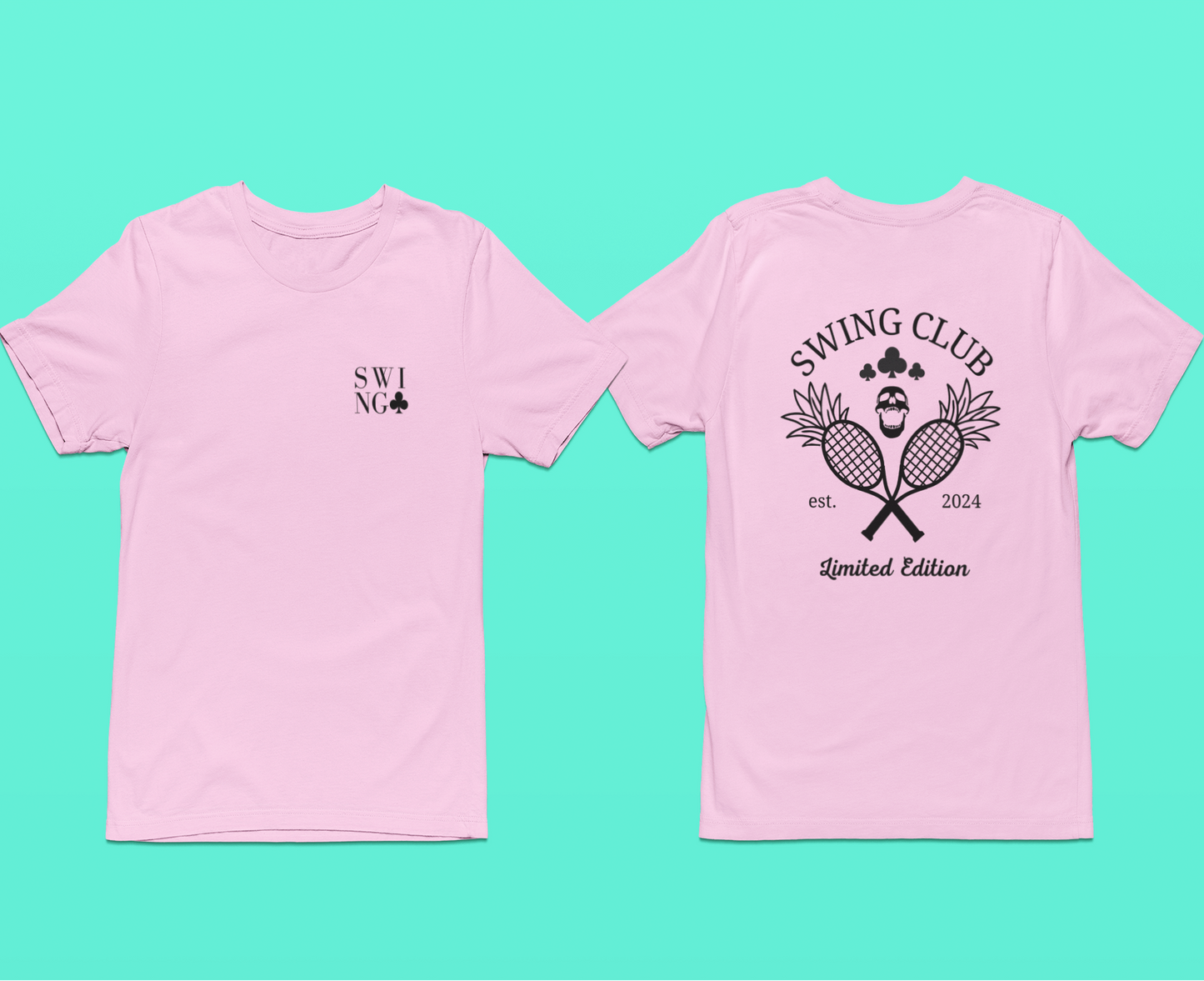 Pink t-shirt with 'SWING CLUB' design on a teal background