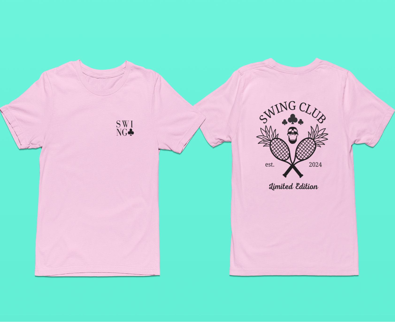 Pink t-shirt with 'SWING CLUB' design on a teal background